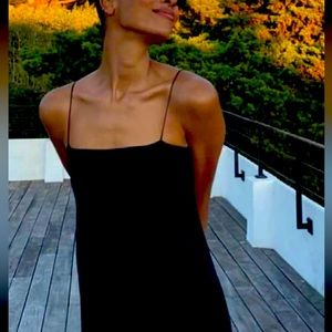 Women Dress Simple Black Back Slit Maxi Skirt One Word Collar Slip Dress